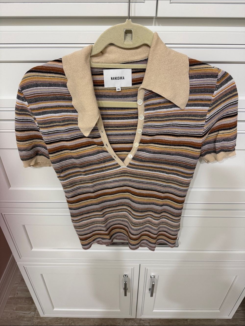 Nanushka Striped Short-Sleeve Polo Knit in Beige, Brown and Tan